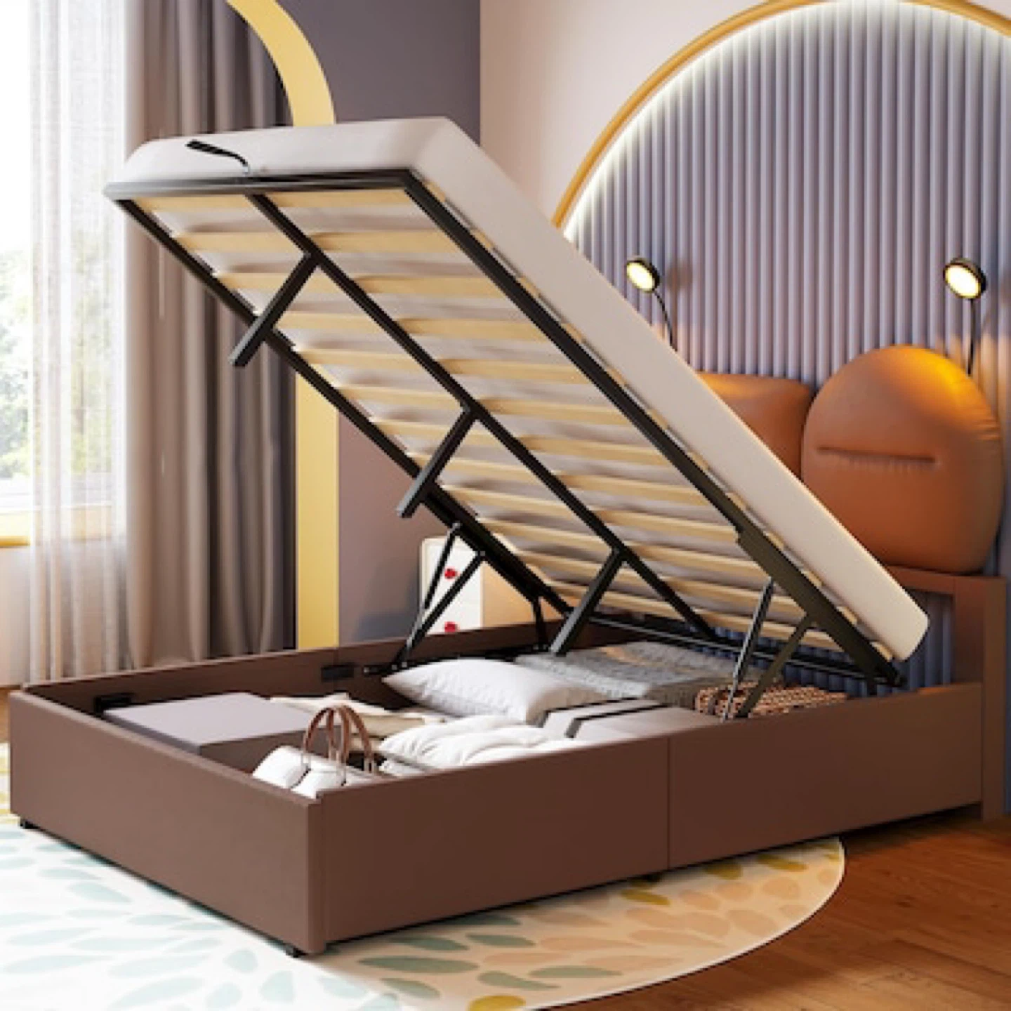 Likimio Brown Full Bed Frame with Lift Up Storage