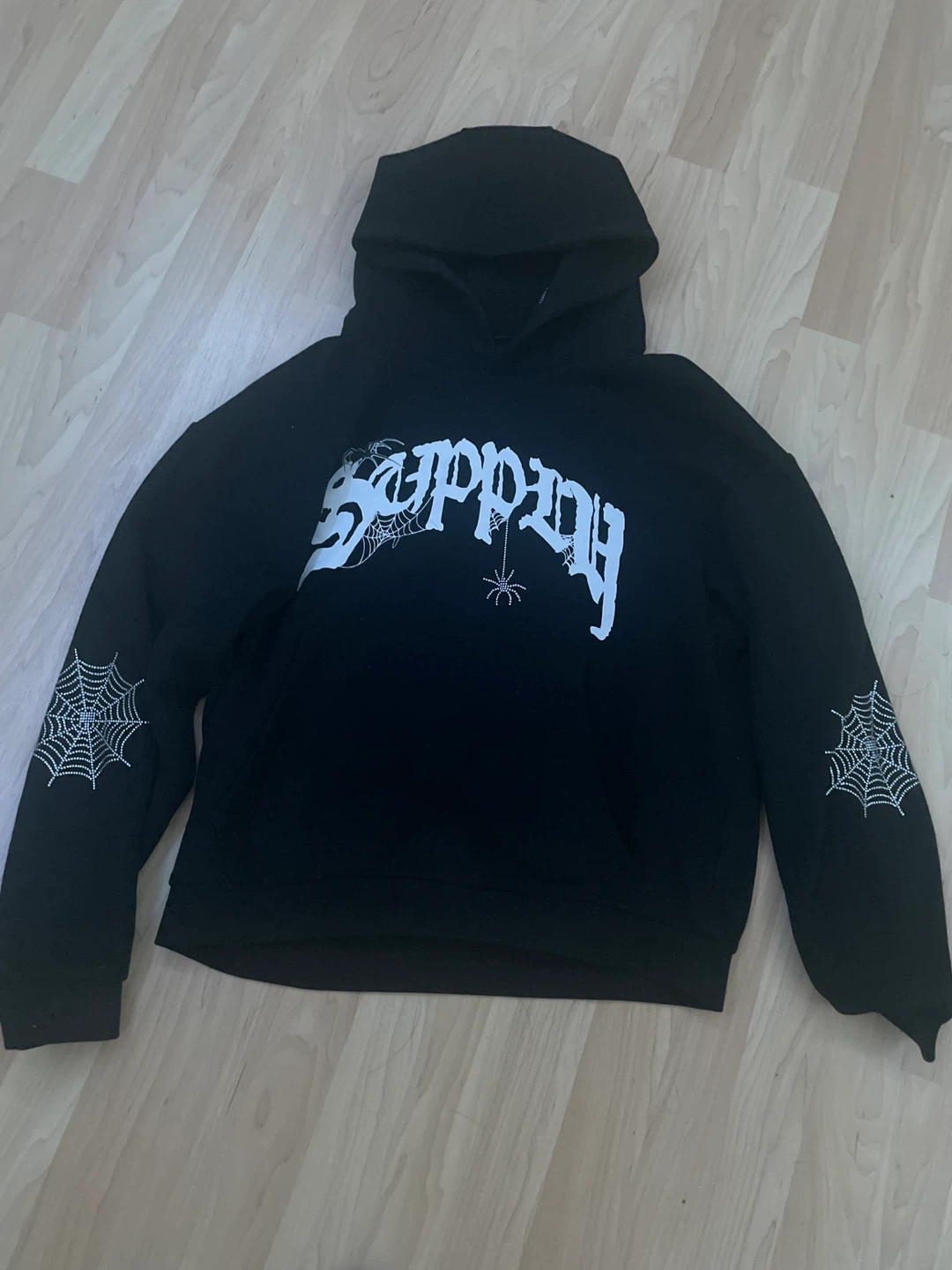 Supply & Demand Black Hoodie with Rhinestone Spiderweb