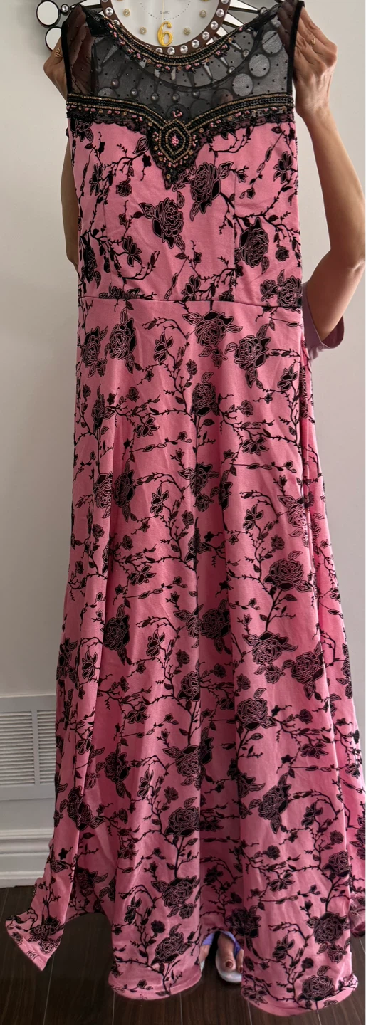 Pink Floral Dress with Black Lace Trim