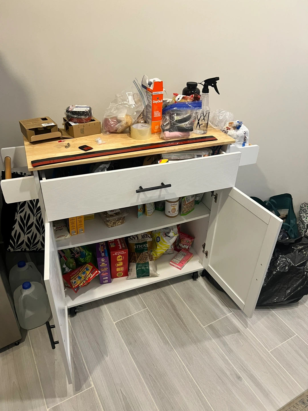 White Kitchen Cart with Drawer and Cabinet