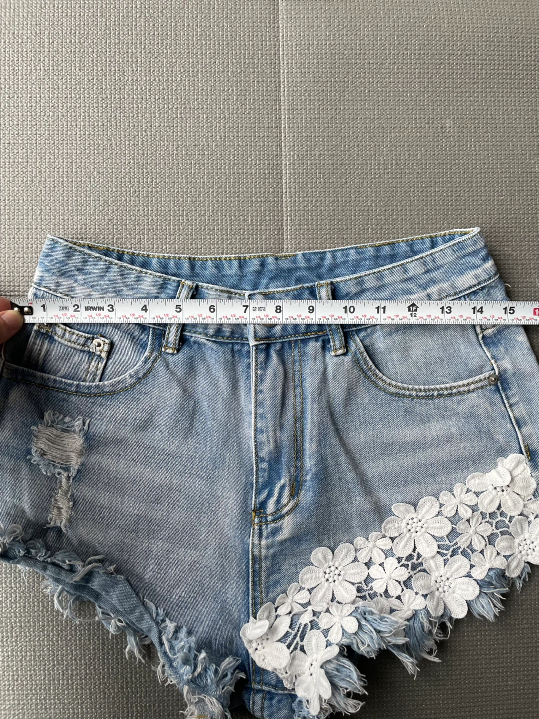 Light Wash Denim Shorts with White Lace Insets - photo 5