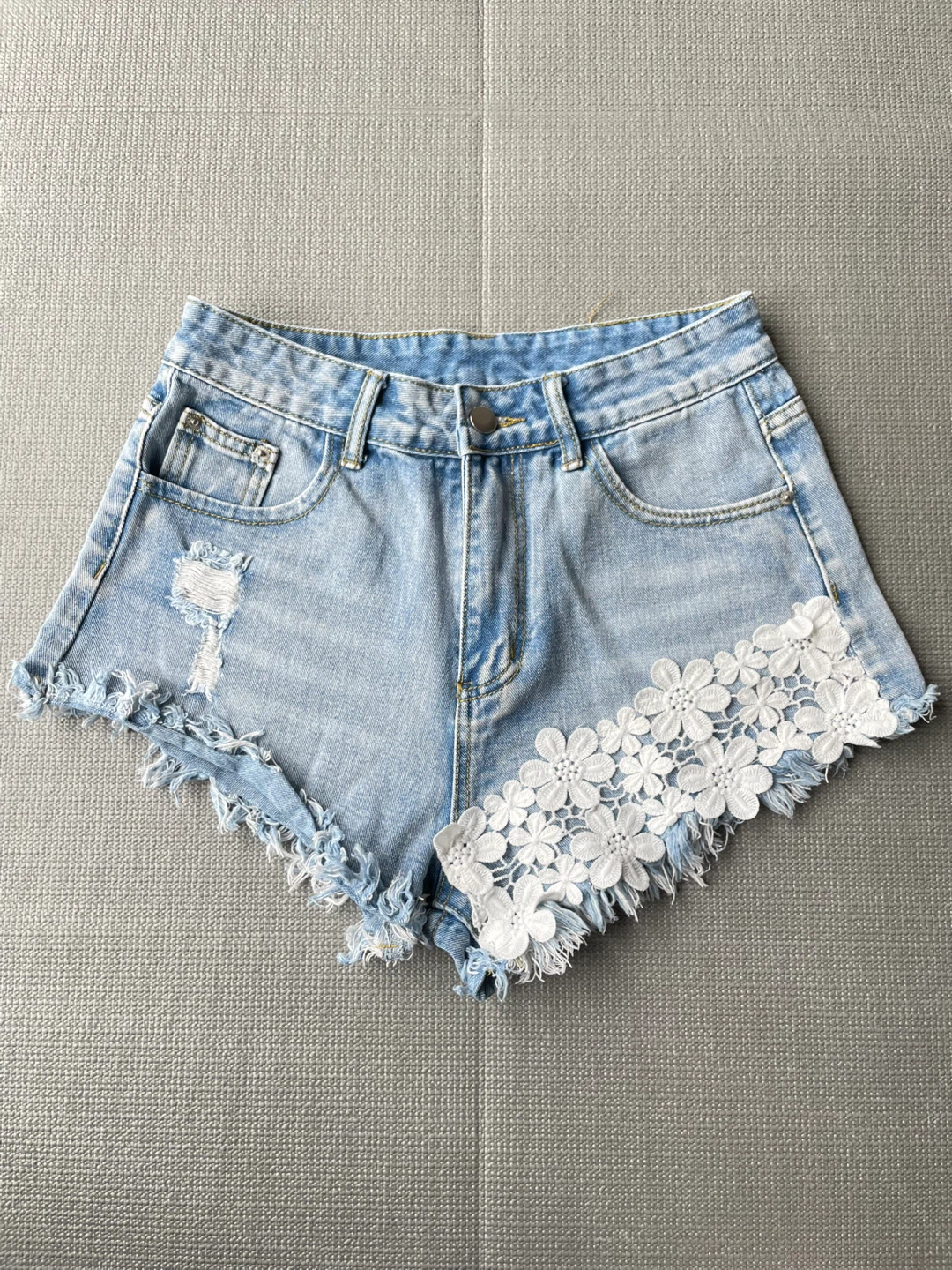 Light Wash Denim Shorts with White Lace Insets