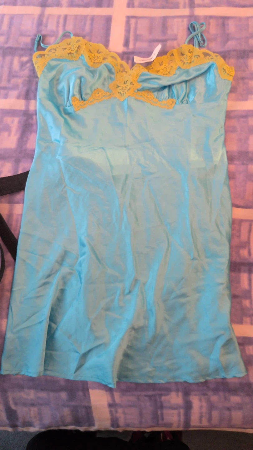 Aqua blue camisole with yellow lace trim
