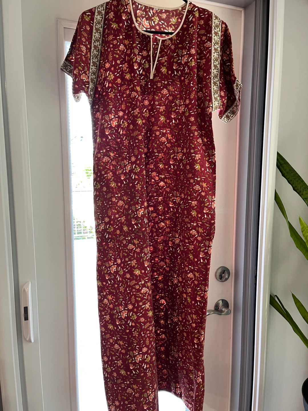 Maroon Floral Maxi House Dress with Embellished Sleeves