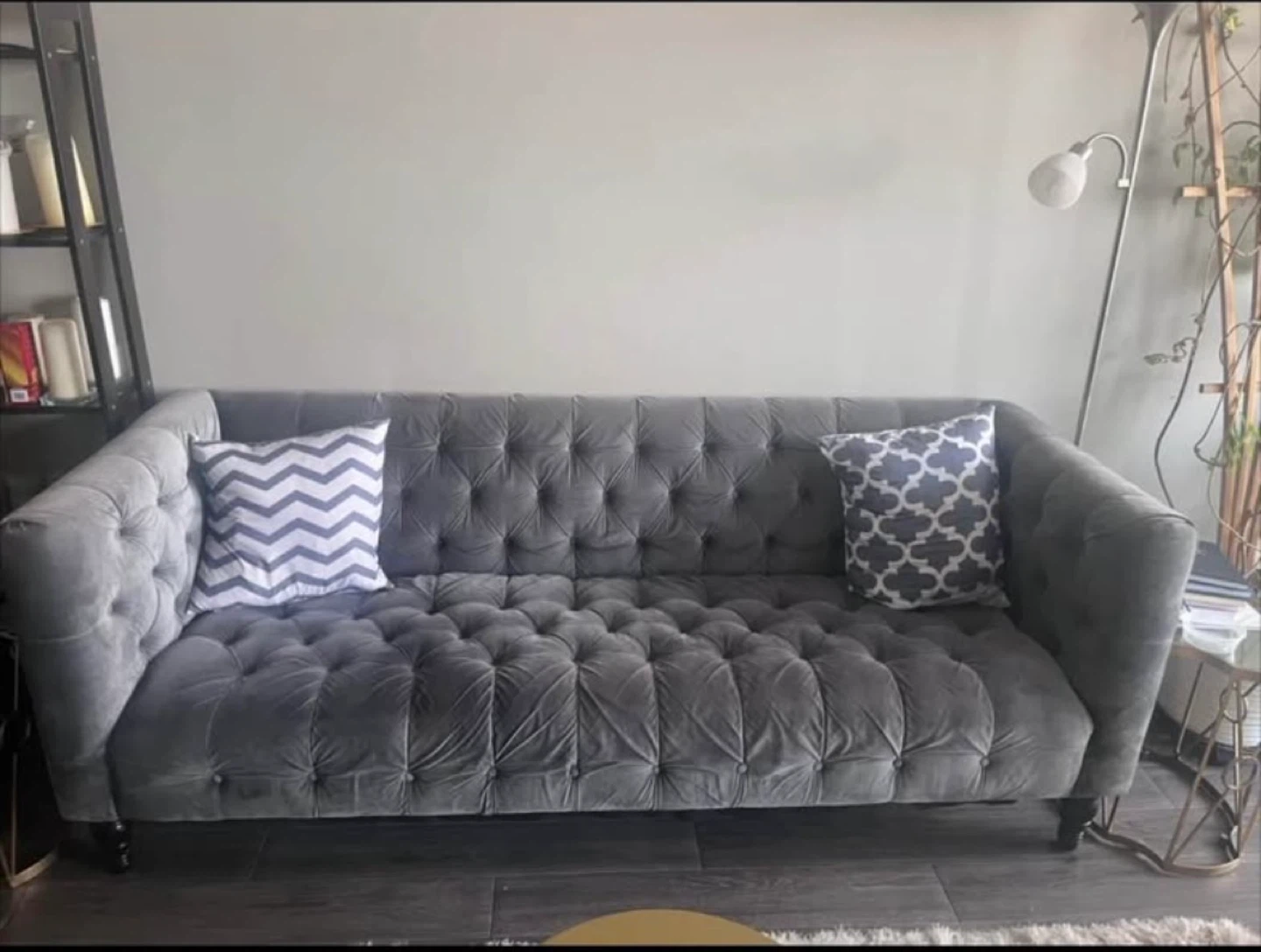 Grey Tufted Sofa pickup near Chinook mall.