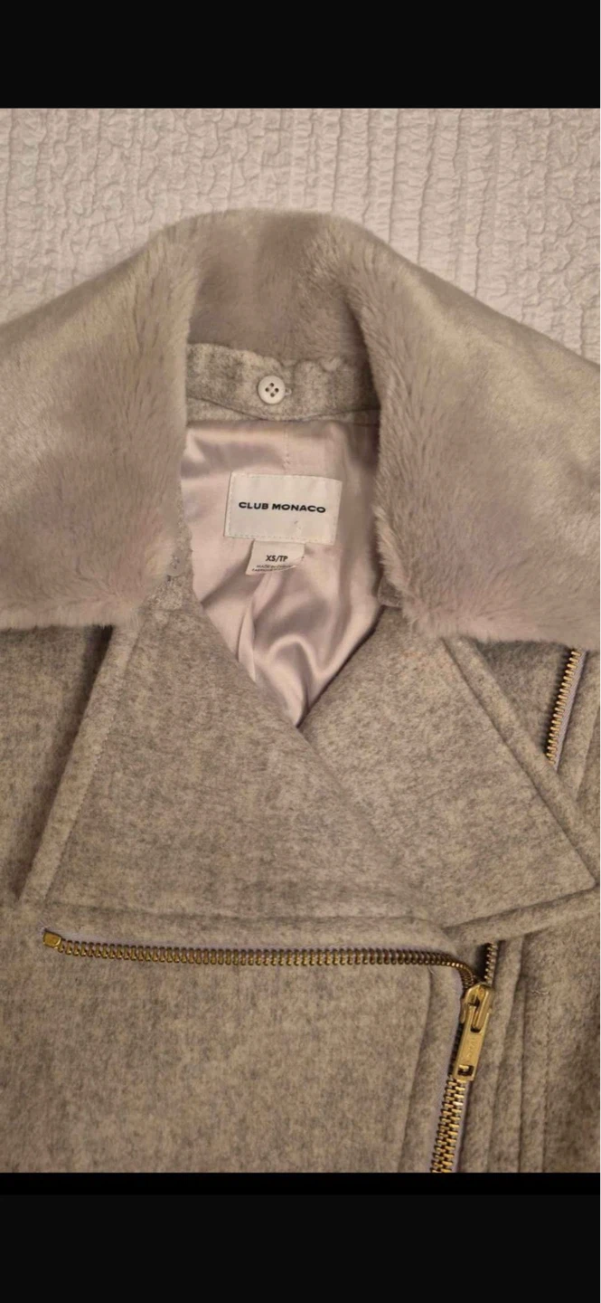 Club Monaco Grey Asymmetrical Zip Wool Coat with Faux Fur Collar