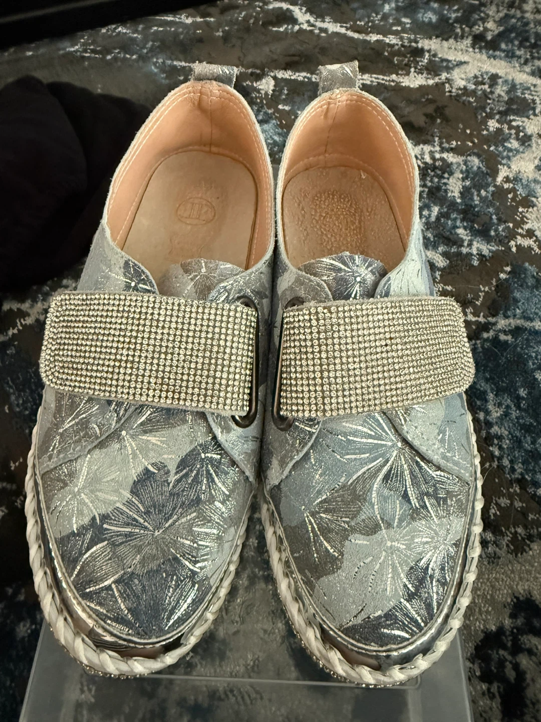 Women's Silver Floral Slip-on Shoes with Rhinestone Strap