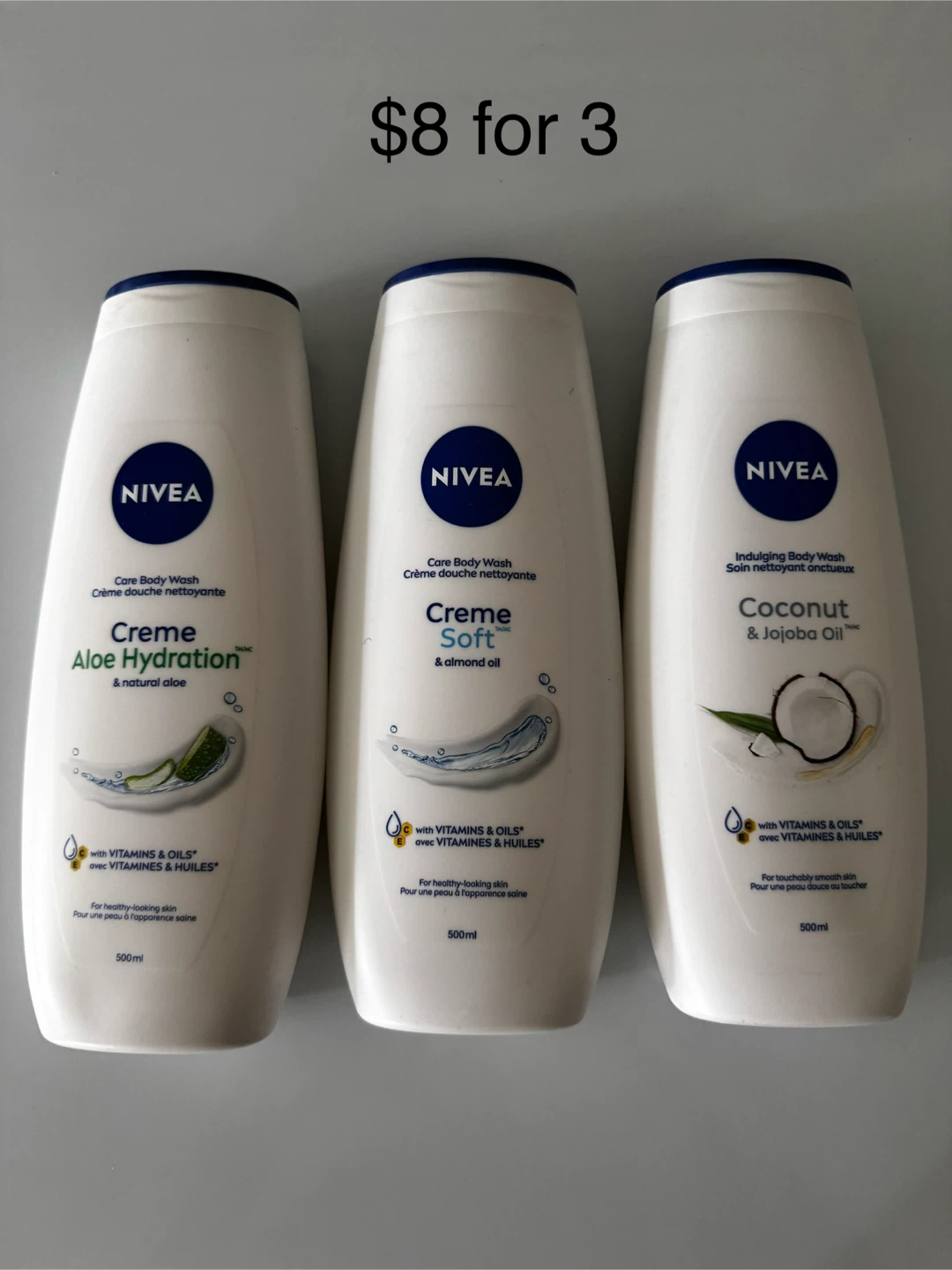 Nivea Body Wash 3-Pack - Aloe Hydration, Soft, Coconut & Jojoba