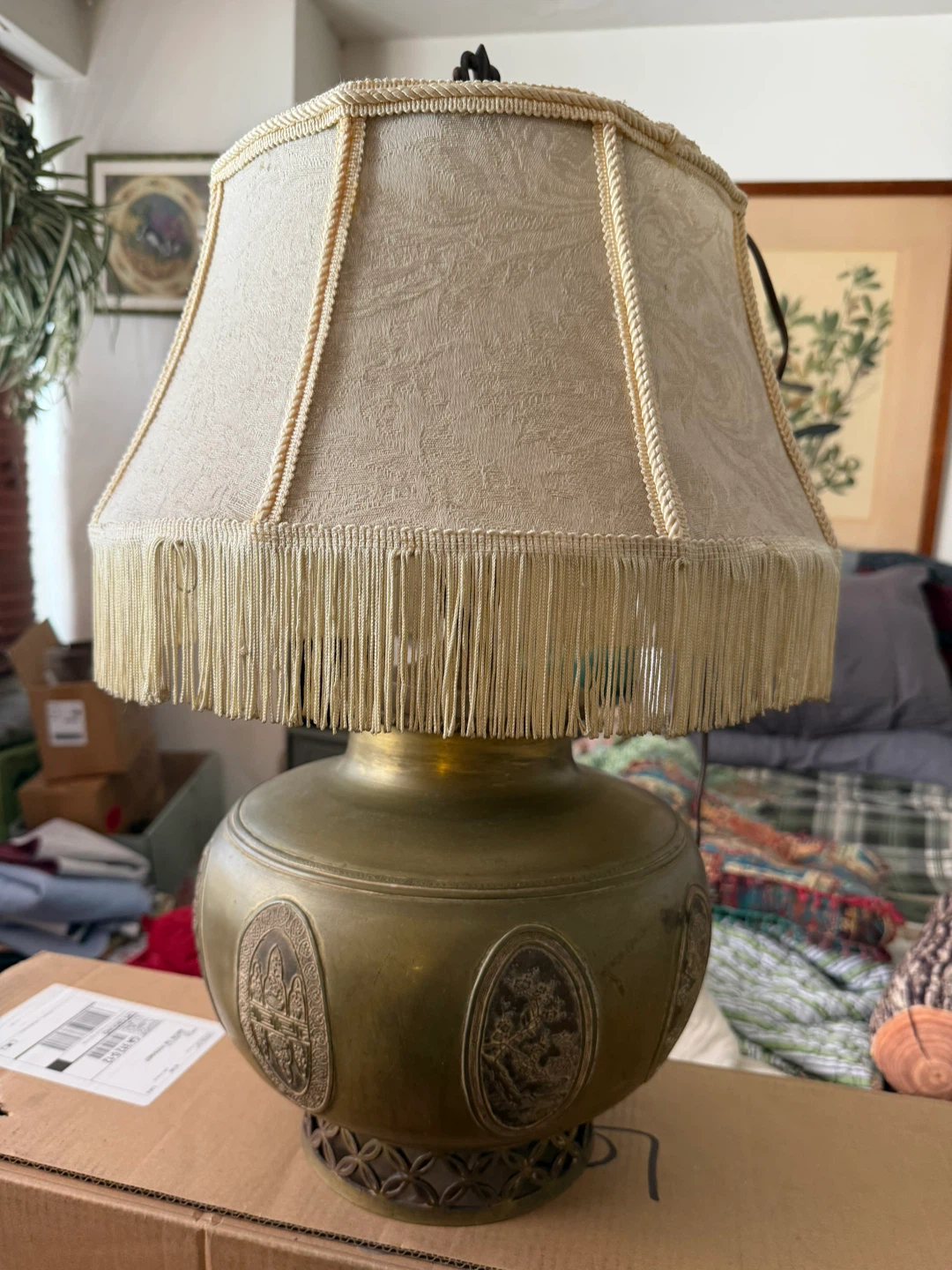 Vintage Brass Table Lamp with Fringed Shade