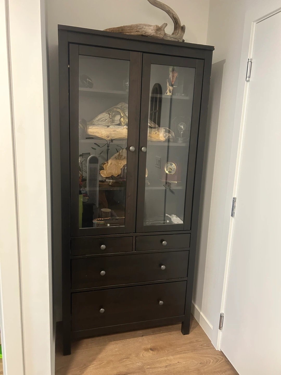 Dark Wood Display Cabinet with Glass Doors and Drawers
