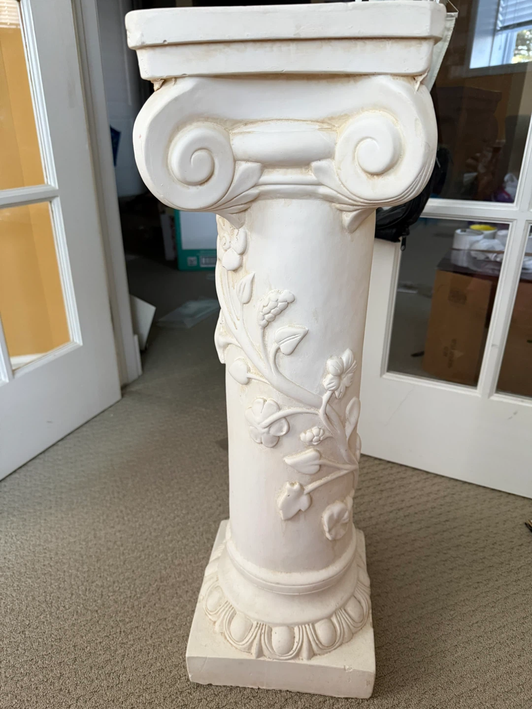 White Pedestal Plant Stand with Floral Accents