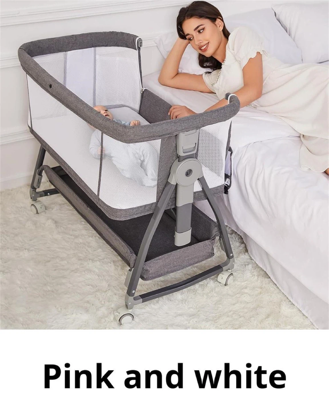 Pink and White Baby Bassinet with Wheels
