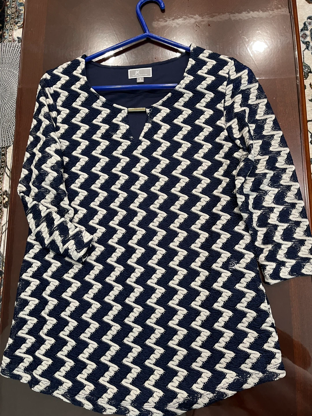 JM Collection Navy & White Geometric Print Top