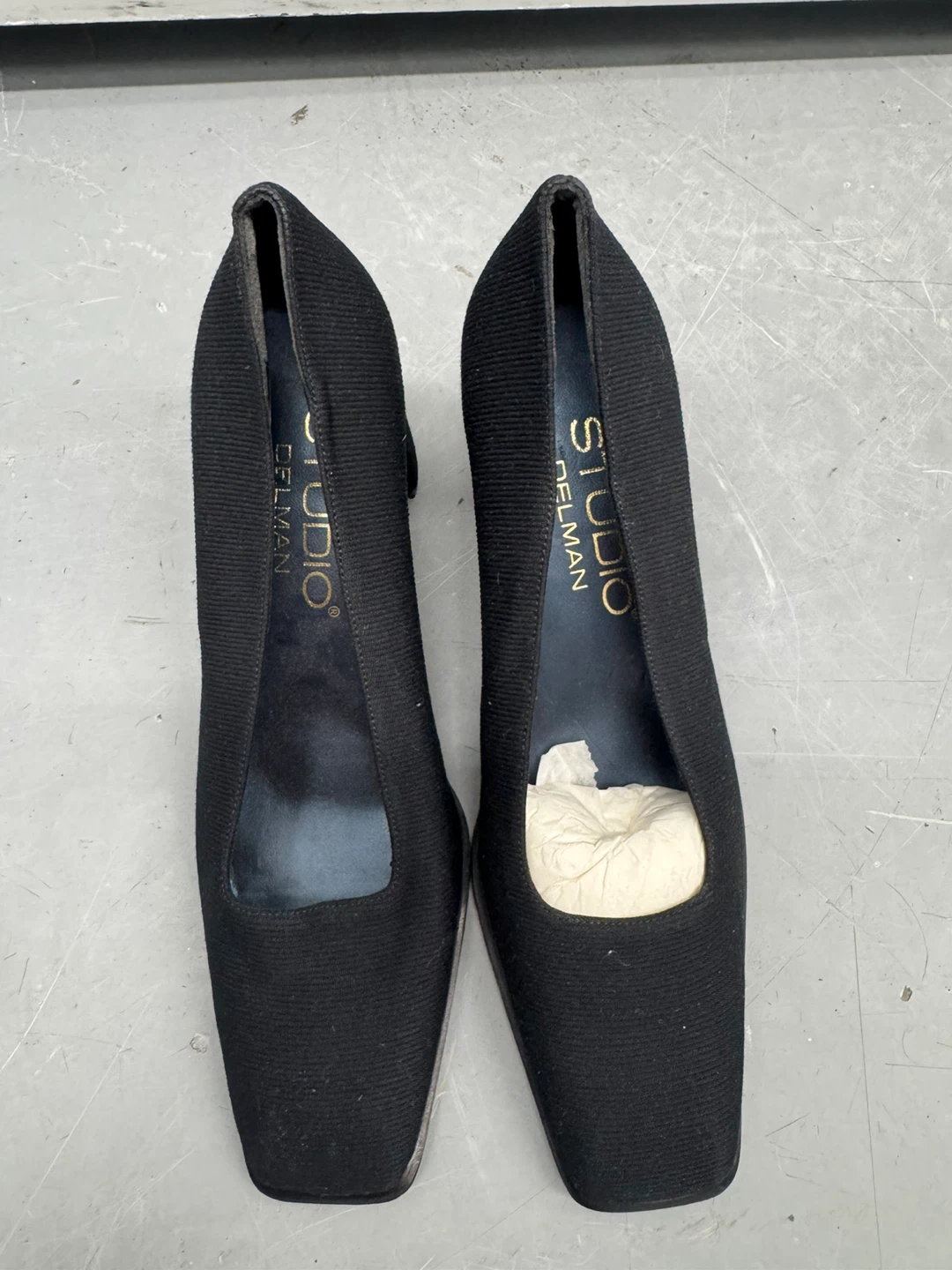 Studio Delman Black Fabric Square Toe Block Heel Pumps