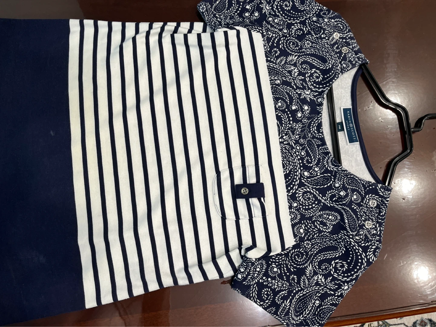 Karen Scott Sport Women's Top - Navy/White Striped Paisley