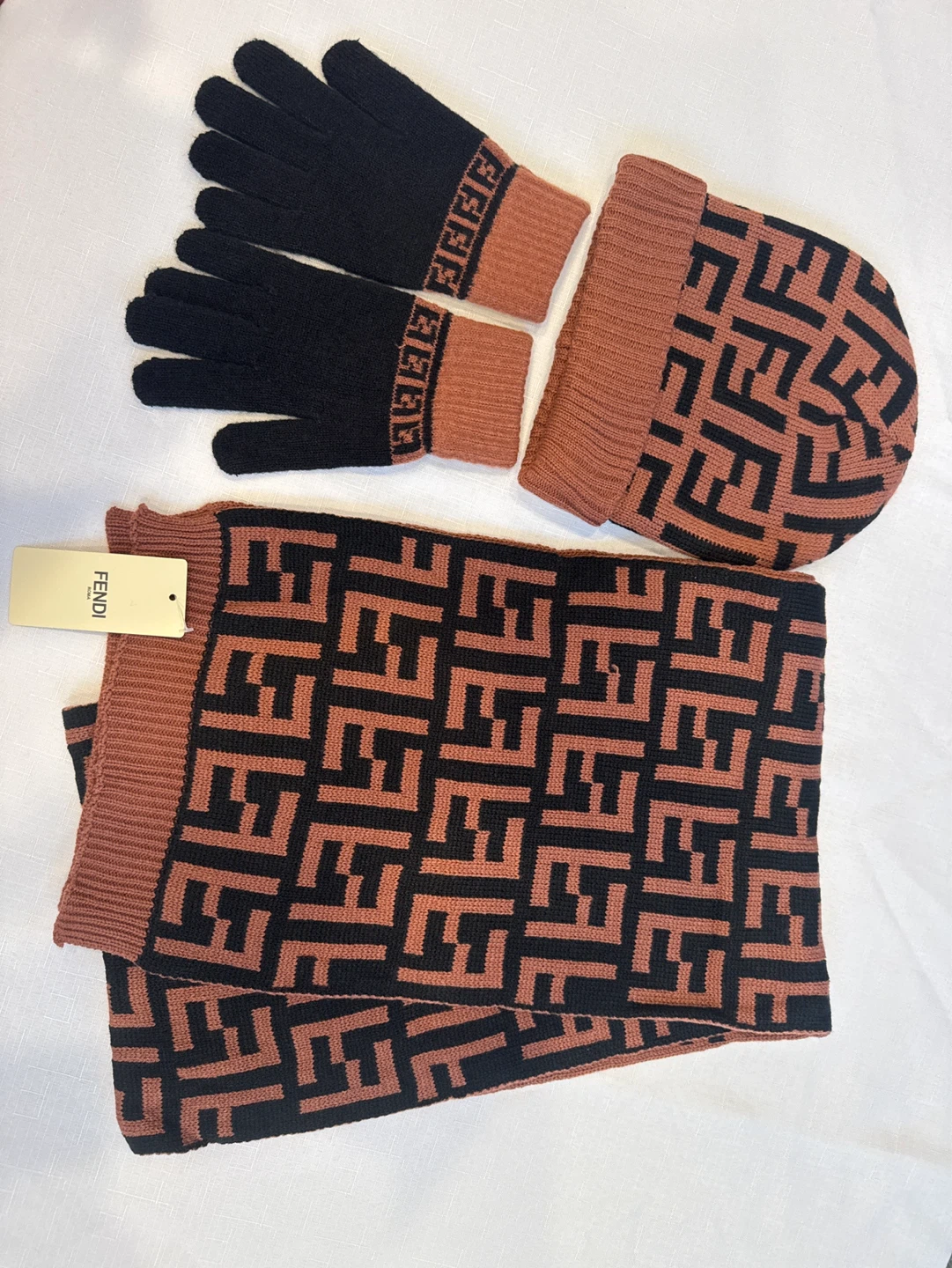 Fendi Knit Beanie, Scarf & Gloves Set