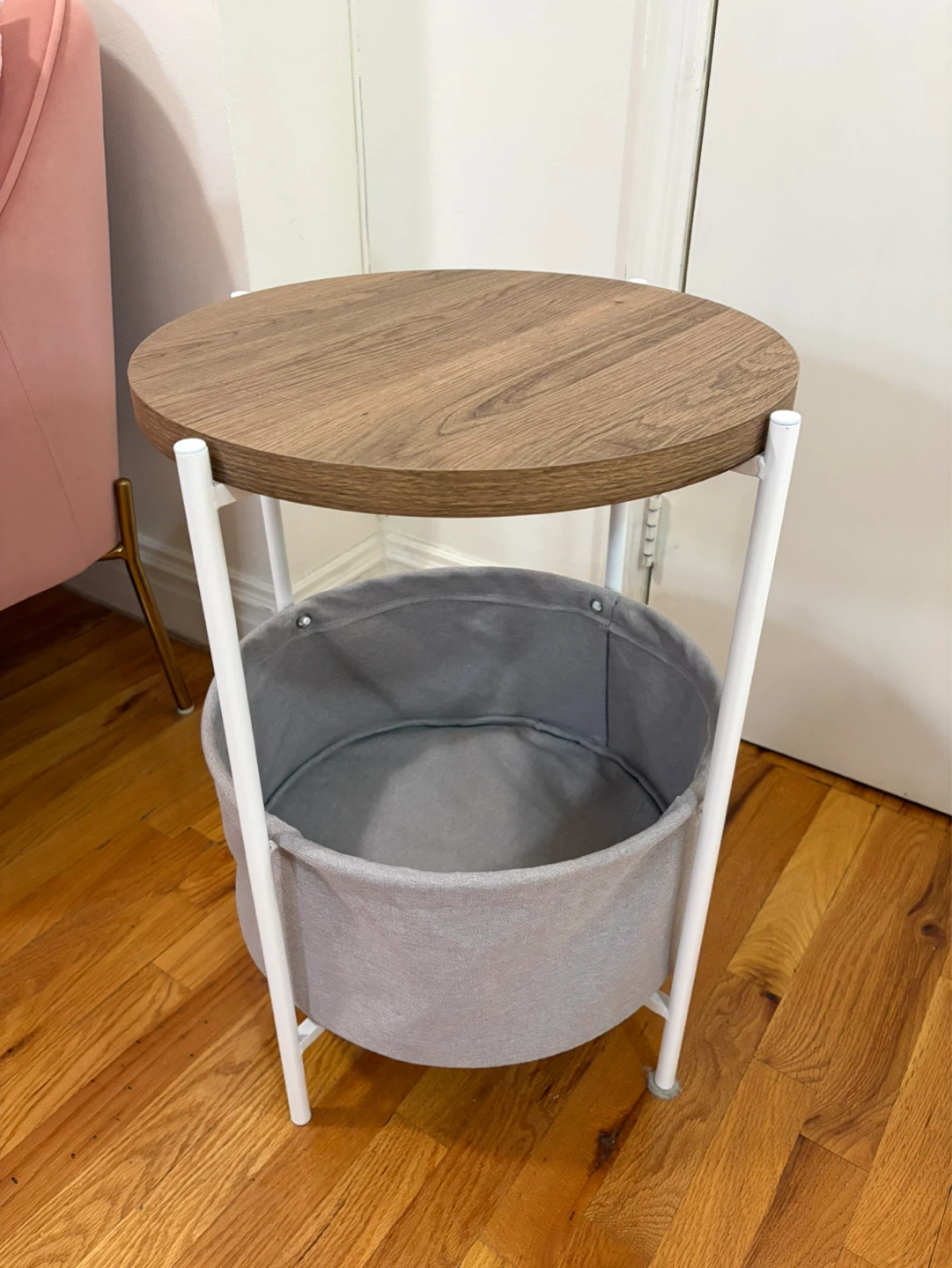 Round Wooden Night Table with Basket