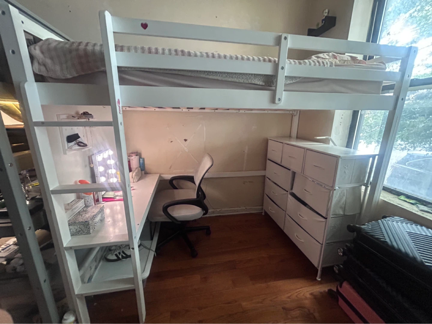 White Loft Bed with Desk and Storage