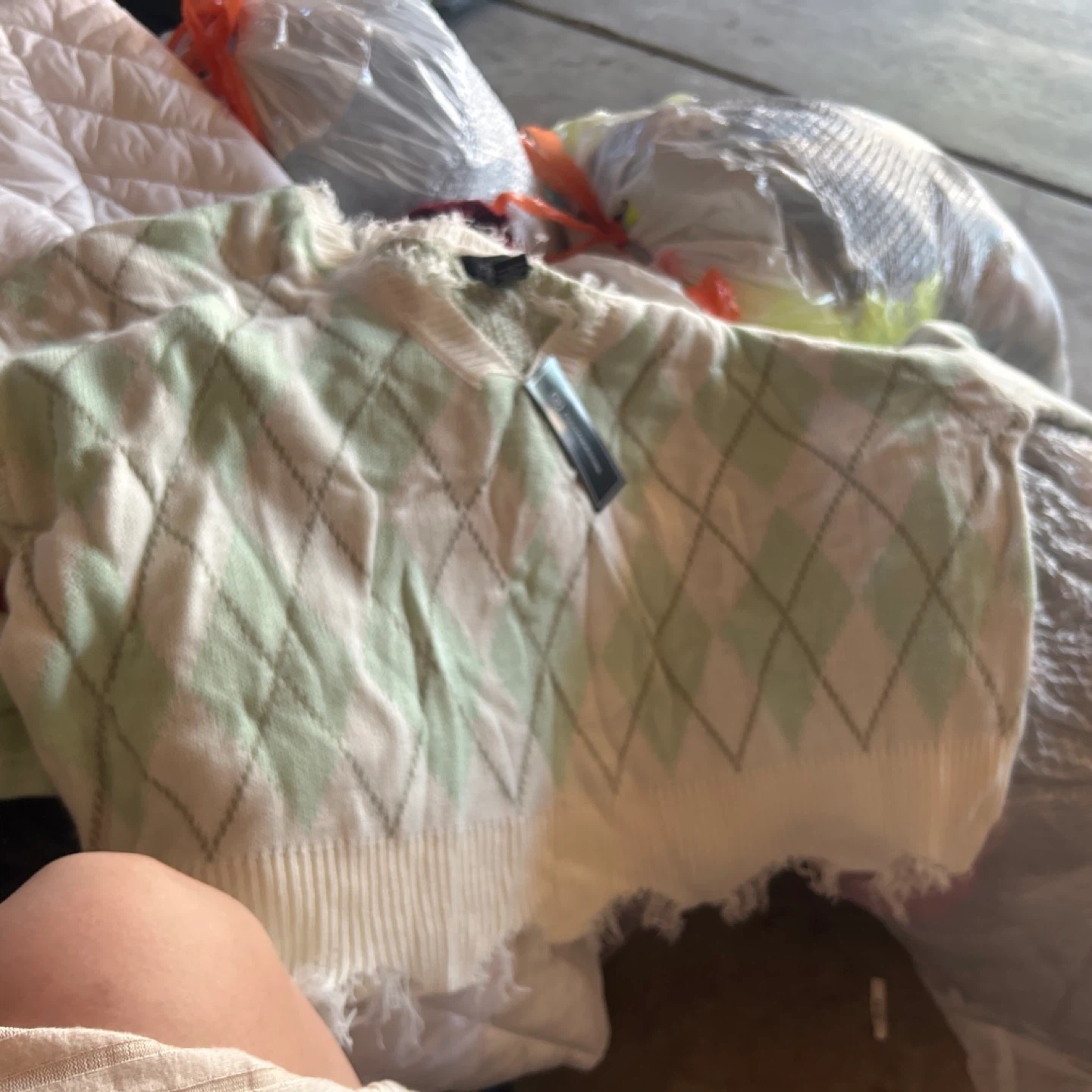 Cream and Mint Argyle Sweater
