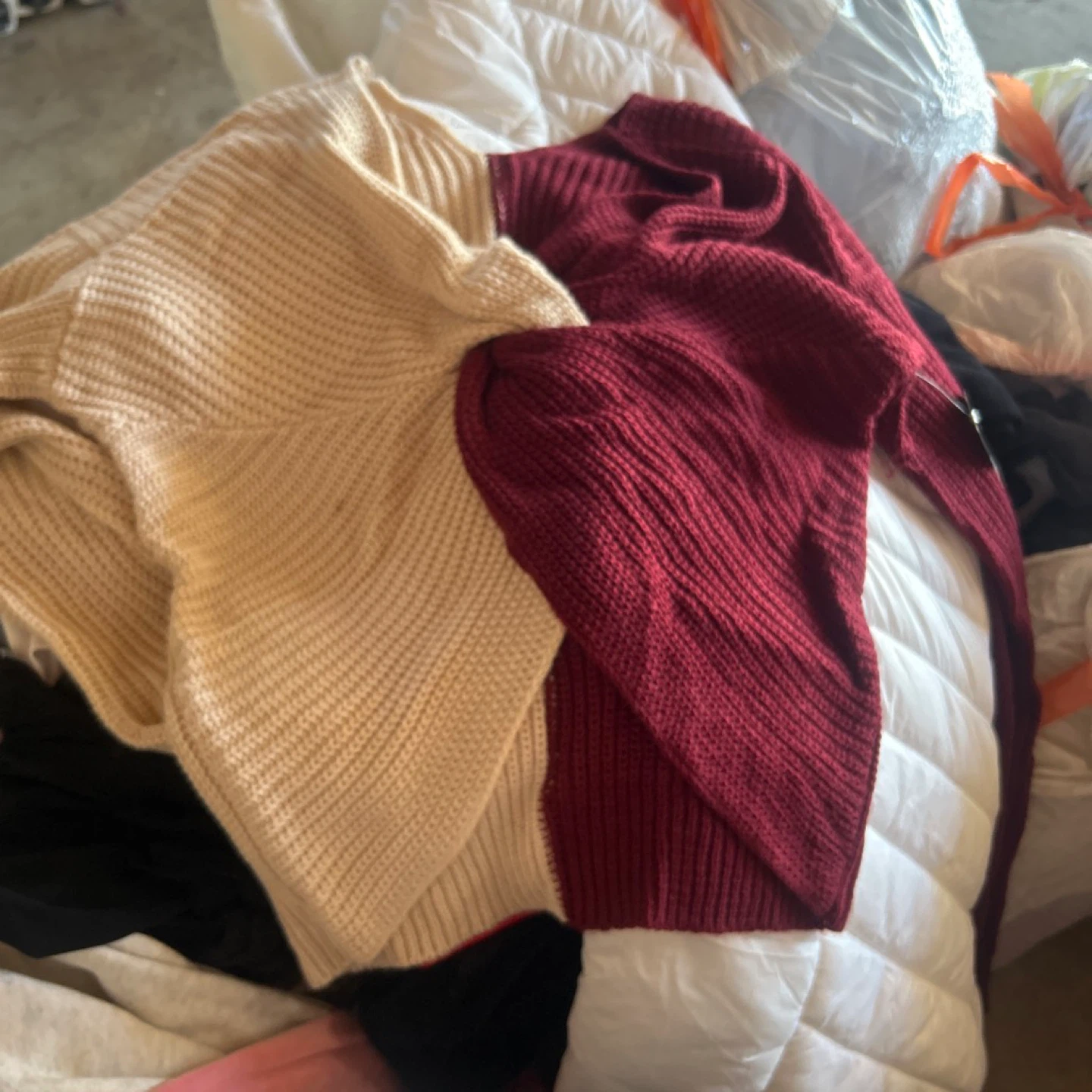 Cream and Burgundy Ribbed Knit Sweater