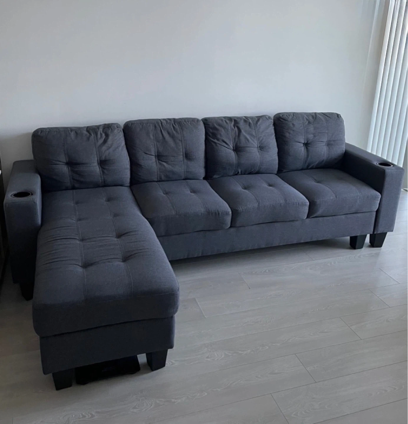 Dark Grey Sectional Sofa with Chaise and Cup Holders