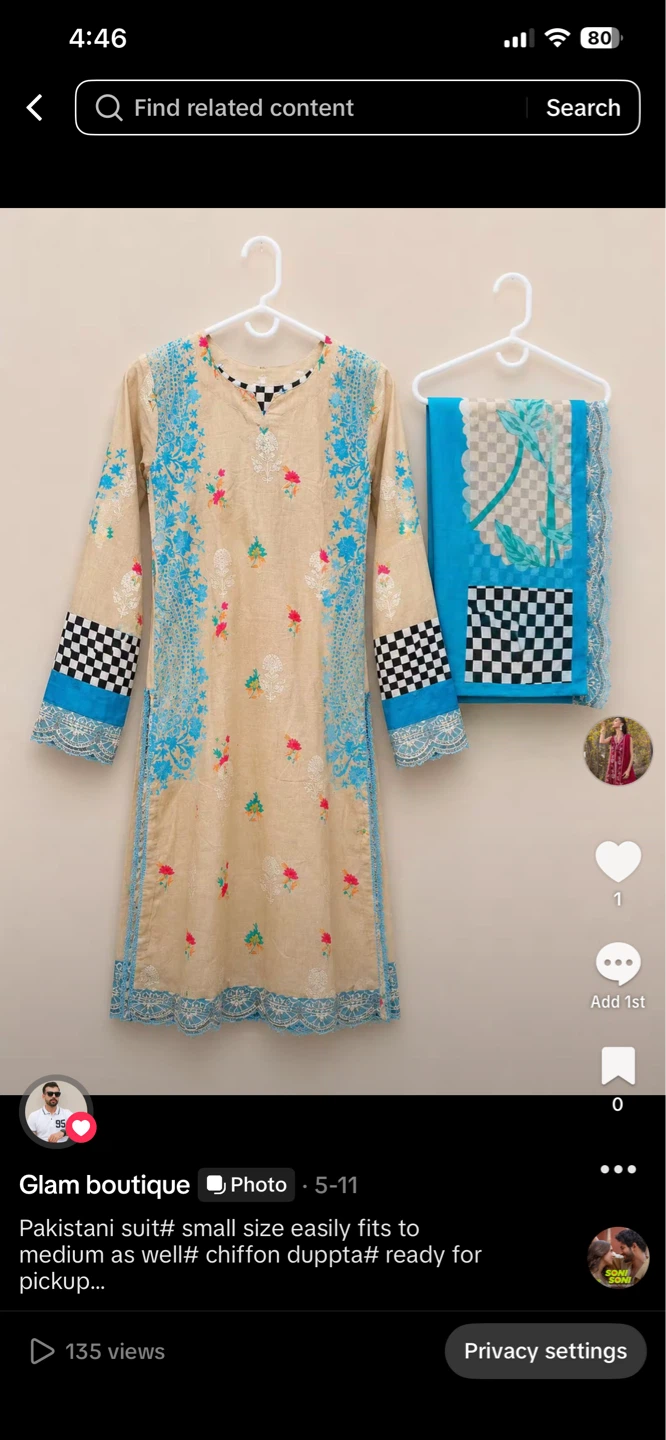 Pakistani Suit & Chiffon Dupatta - Size Small/Medium