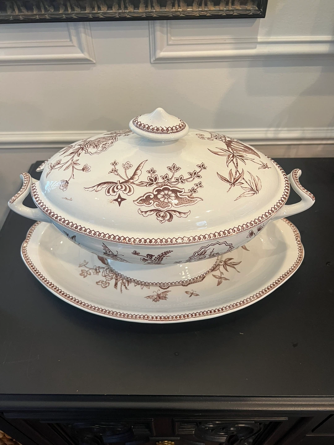 Antique Brown Transferware Tureen with Lid and Underplate
