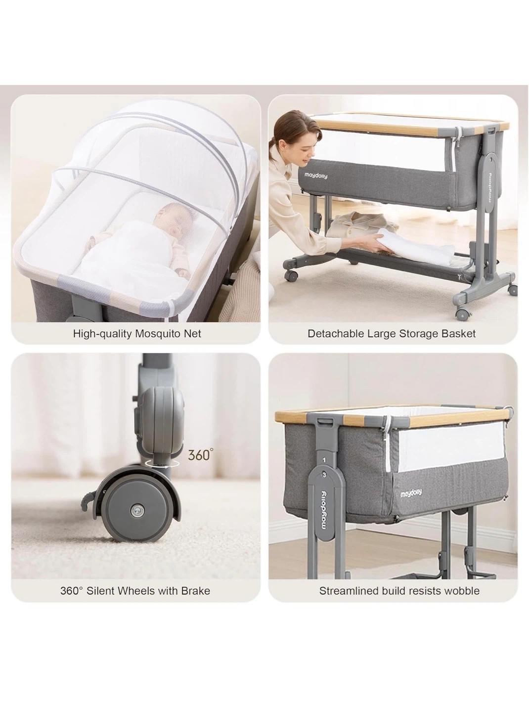 Maydolly Baby Bassinet with Mosquito Net and Storage Basket - photo 4