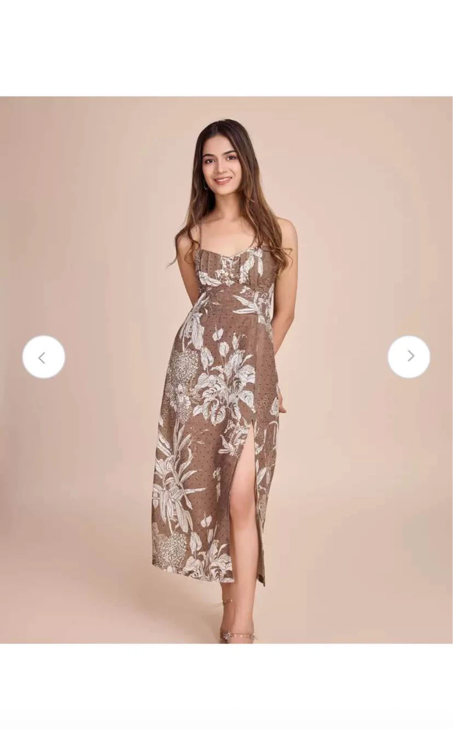 Brown Floral Print Maxi Dress with Slit