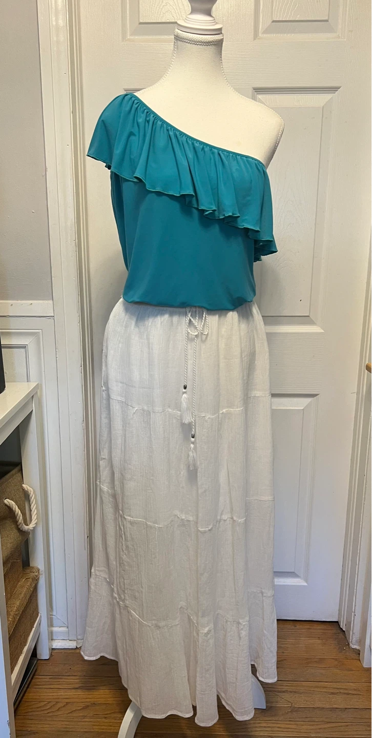 Teal One-Shoulder Ruffle Top and White Tiered Maxi Skirt Set