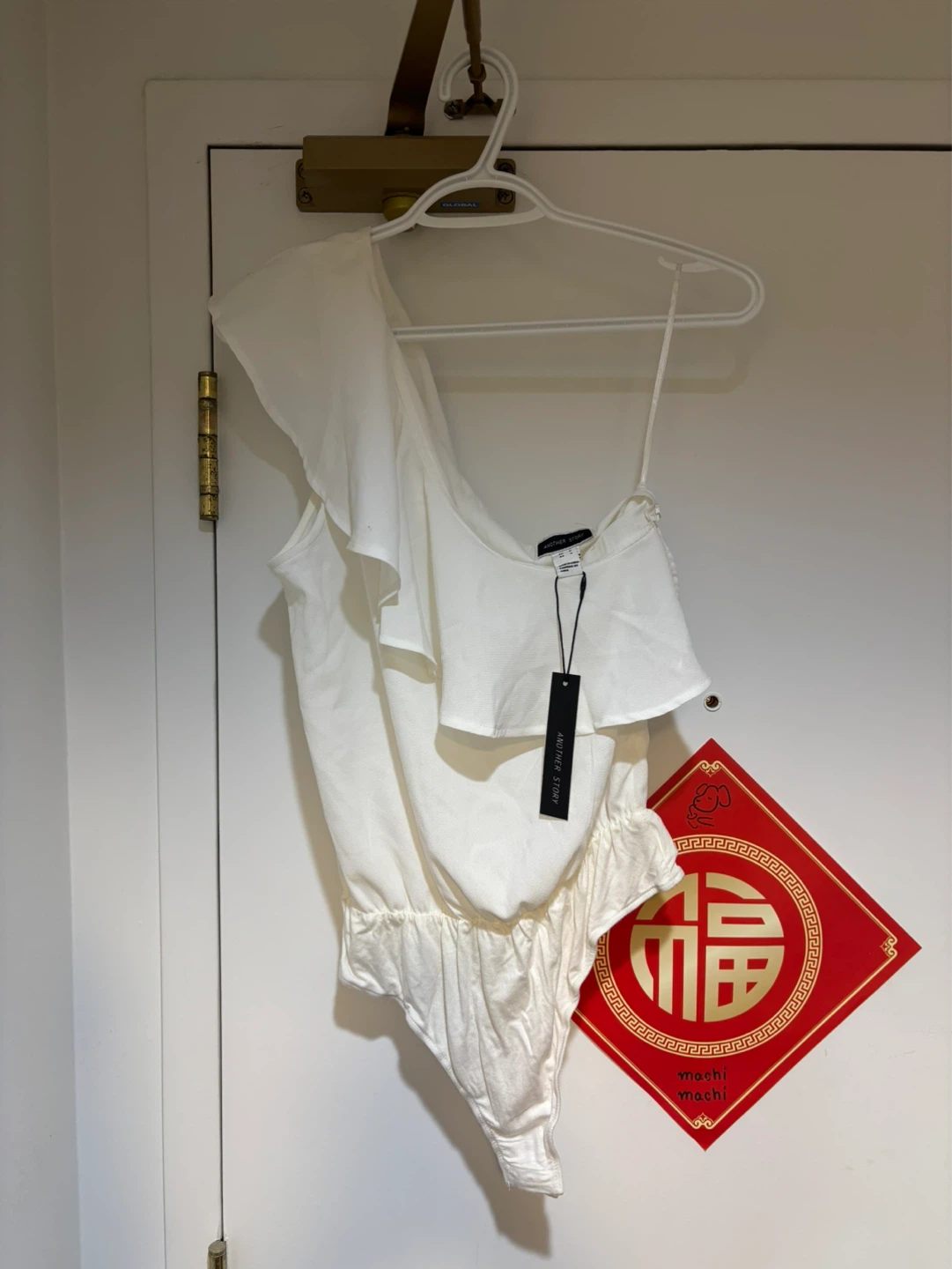 Another Story White Ruffle One-Shoulder Bodysuit