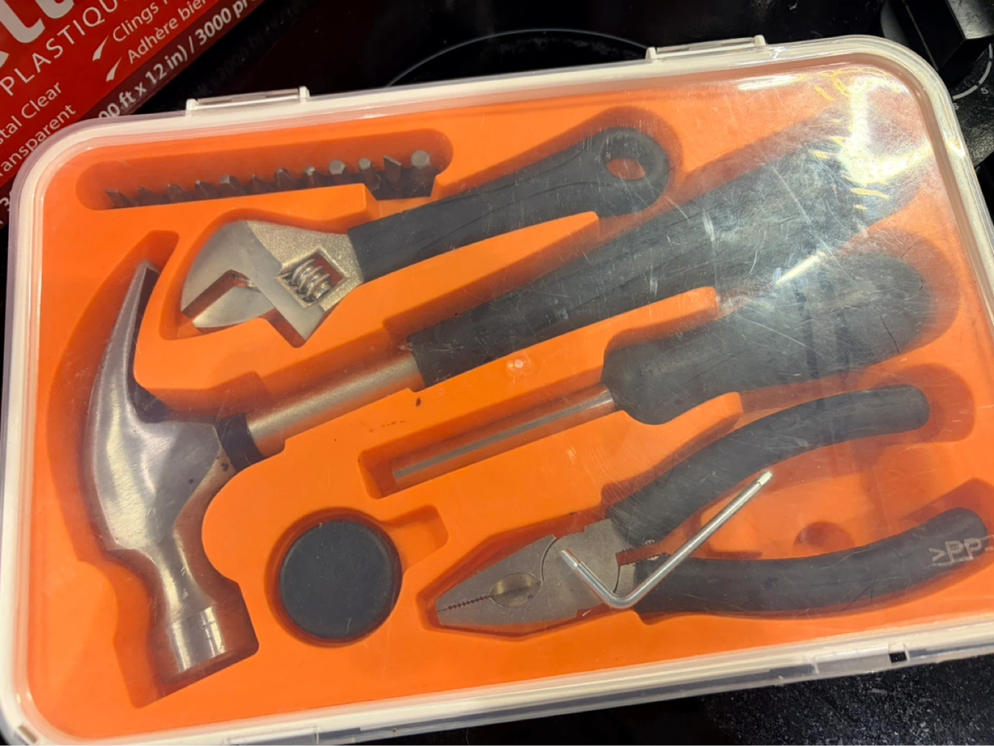 Tool Kit with Hammer, Pliers, Wrench, and Screwdriver Bits