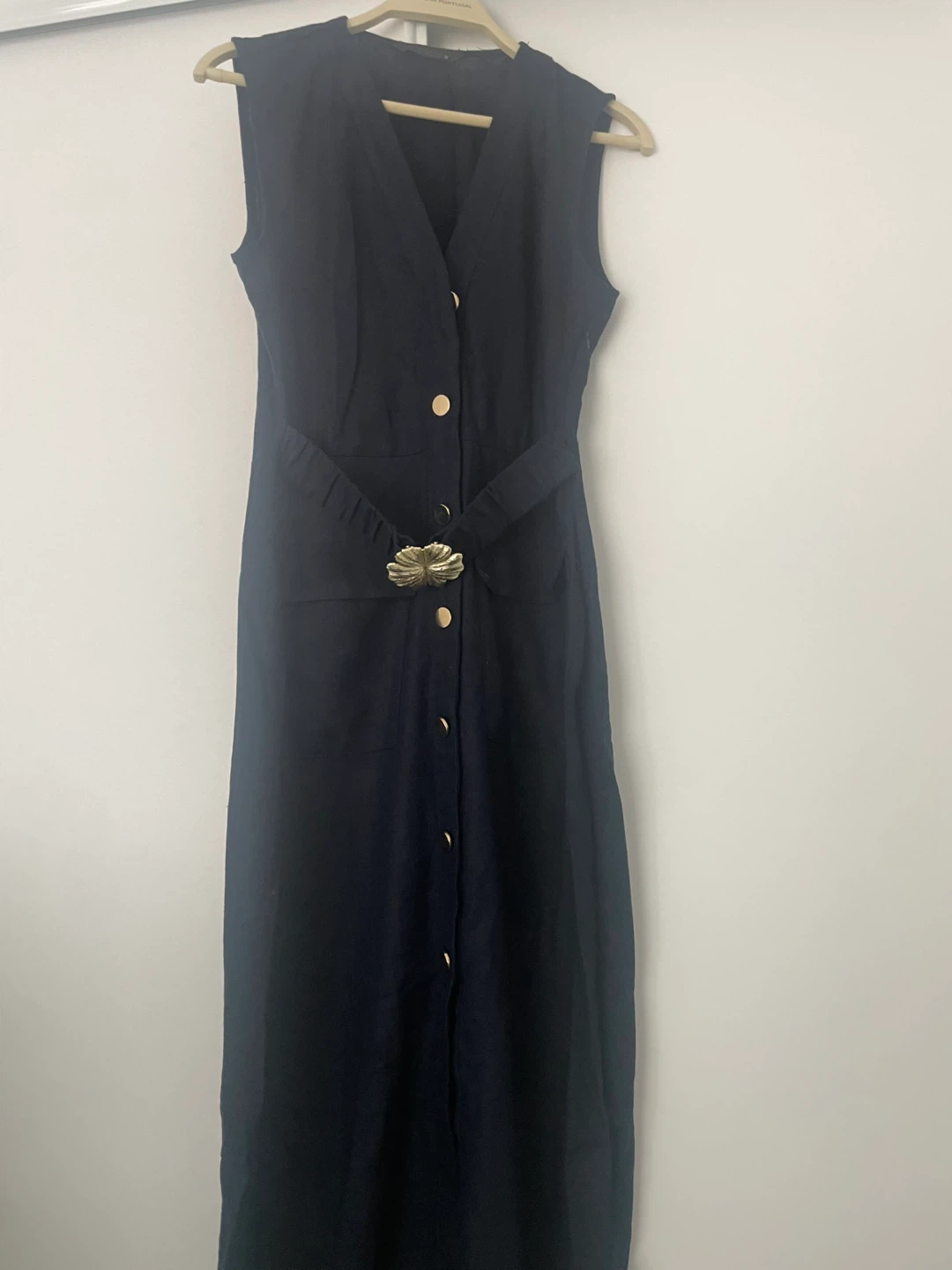 Zara Navy Sleeveless Midi Dress with Gold Buckle Belt