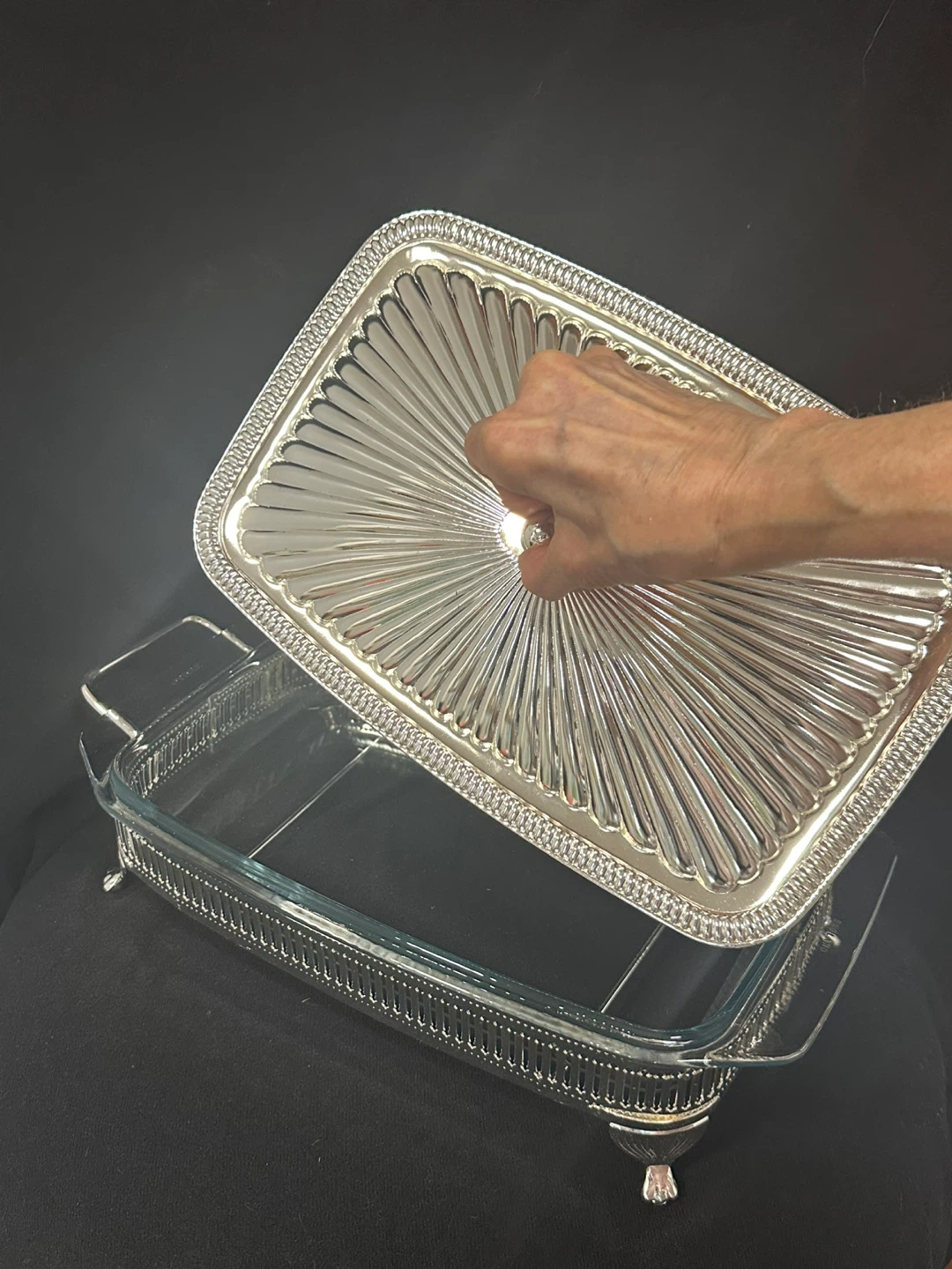 Glass Casserole Dish with Silver Plated Holder and Lid - photo 2