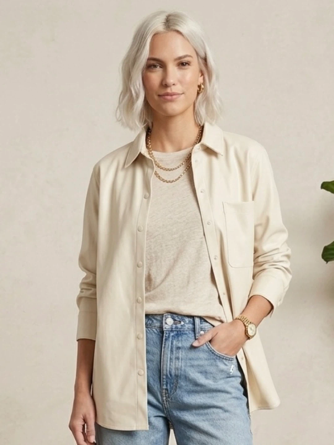 A New Day Cream Faux Leather Shirt / Shacket - Women's Medium