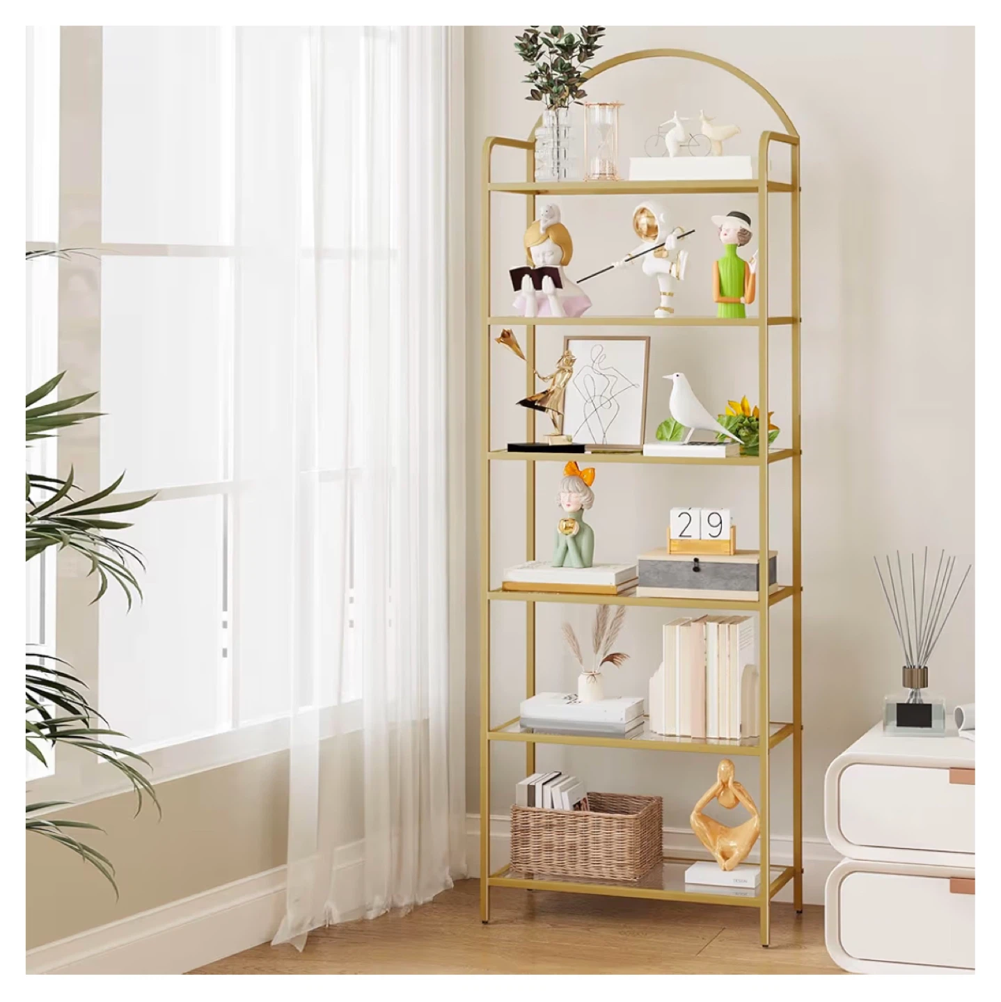 Gold 6-Tier Bookshelf with Tempered Glass Shelves