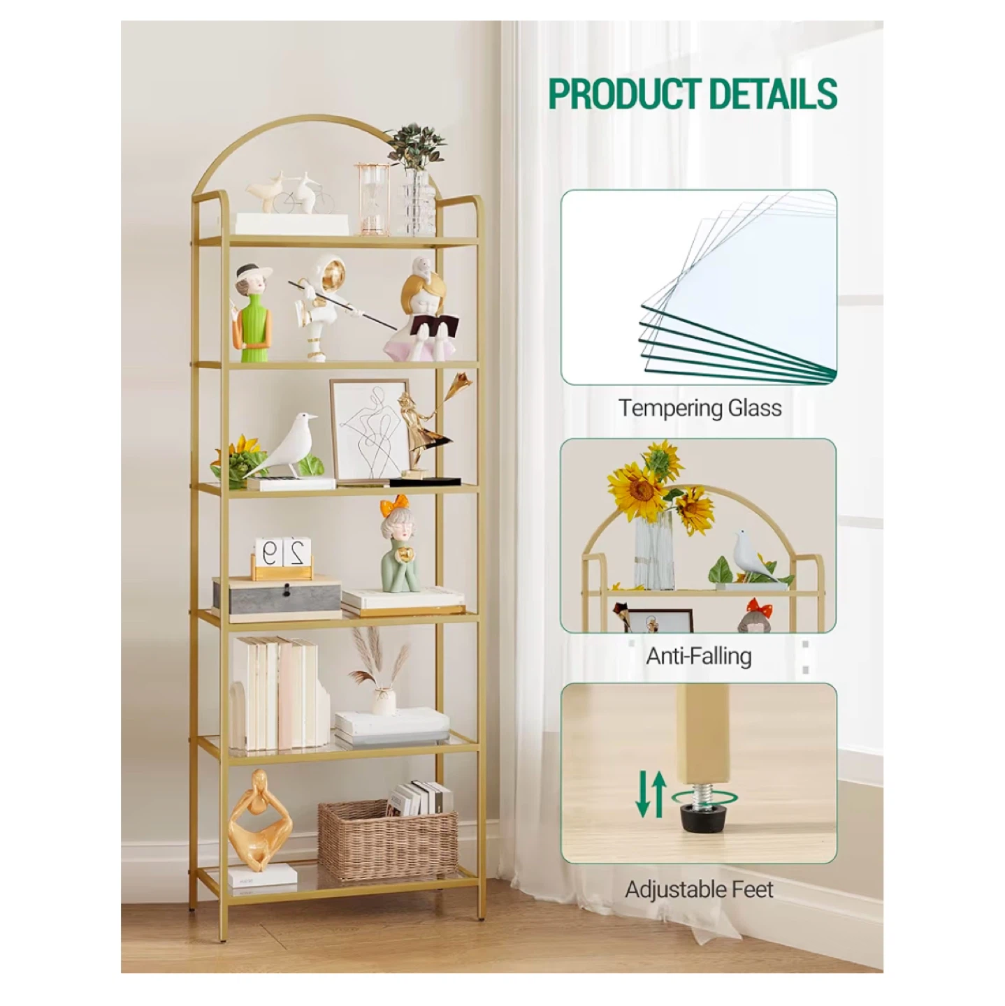 Gold 6-Tier Bookshelf with Tempered Glass Shelves - photo 3