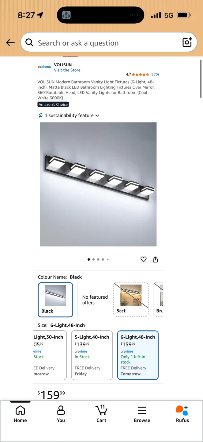 VOLISUN 6-Light 48-Inch Matte Black LED Vanity Light Fixture