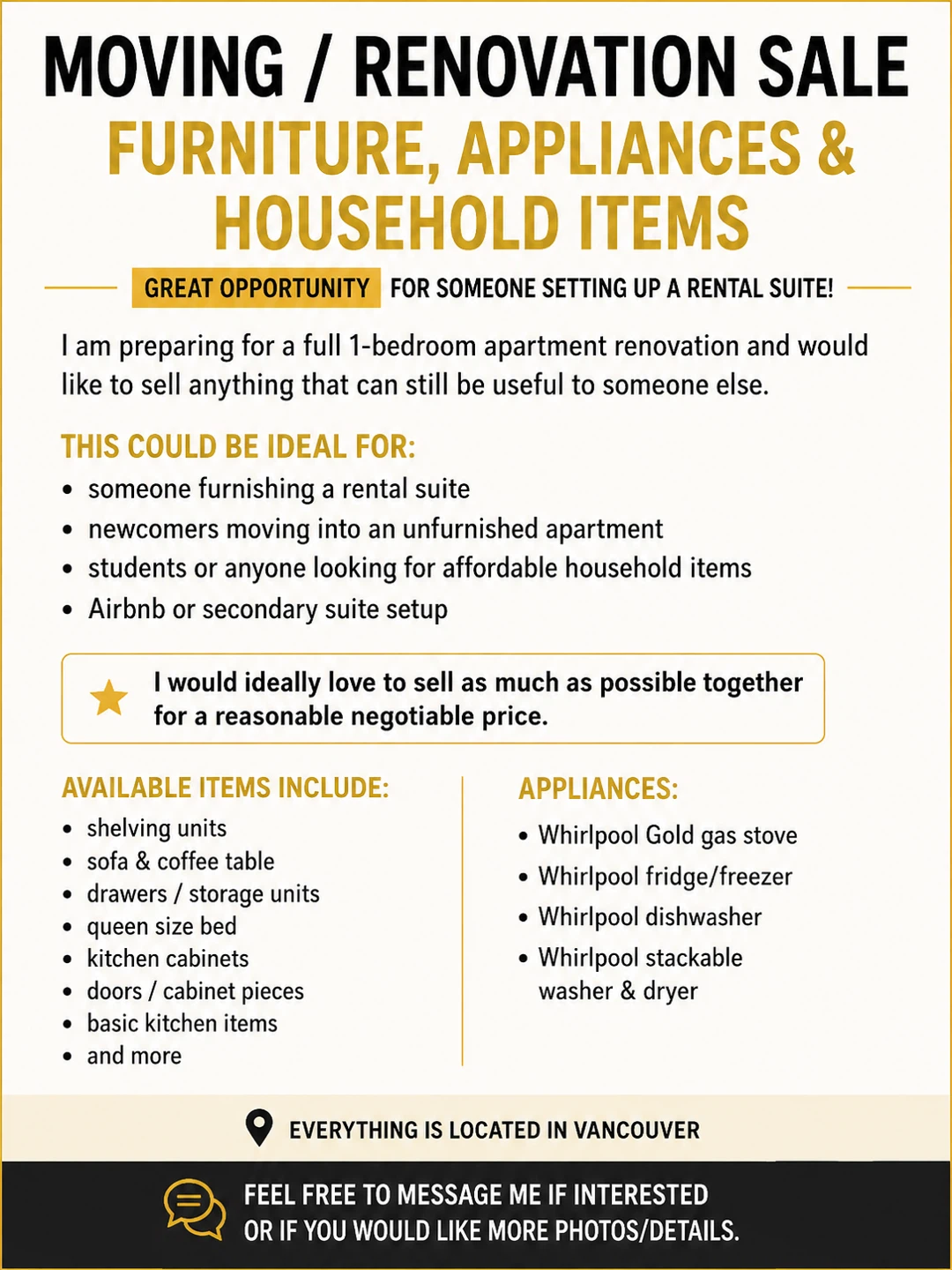 Moving/Renovation Sale: Furniture, Appliances & Household Items