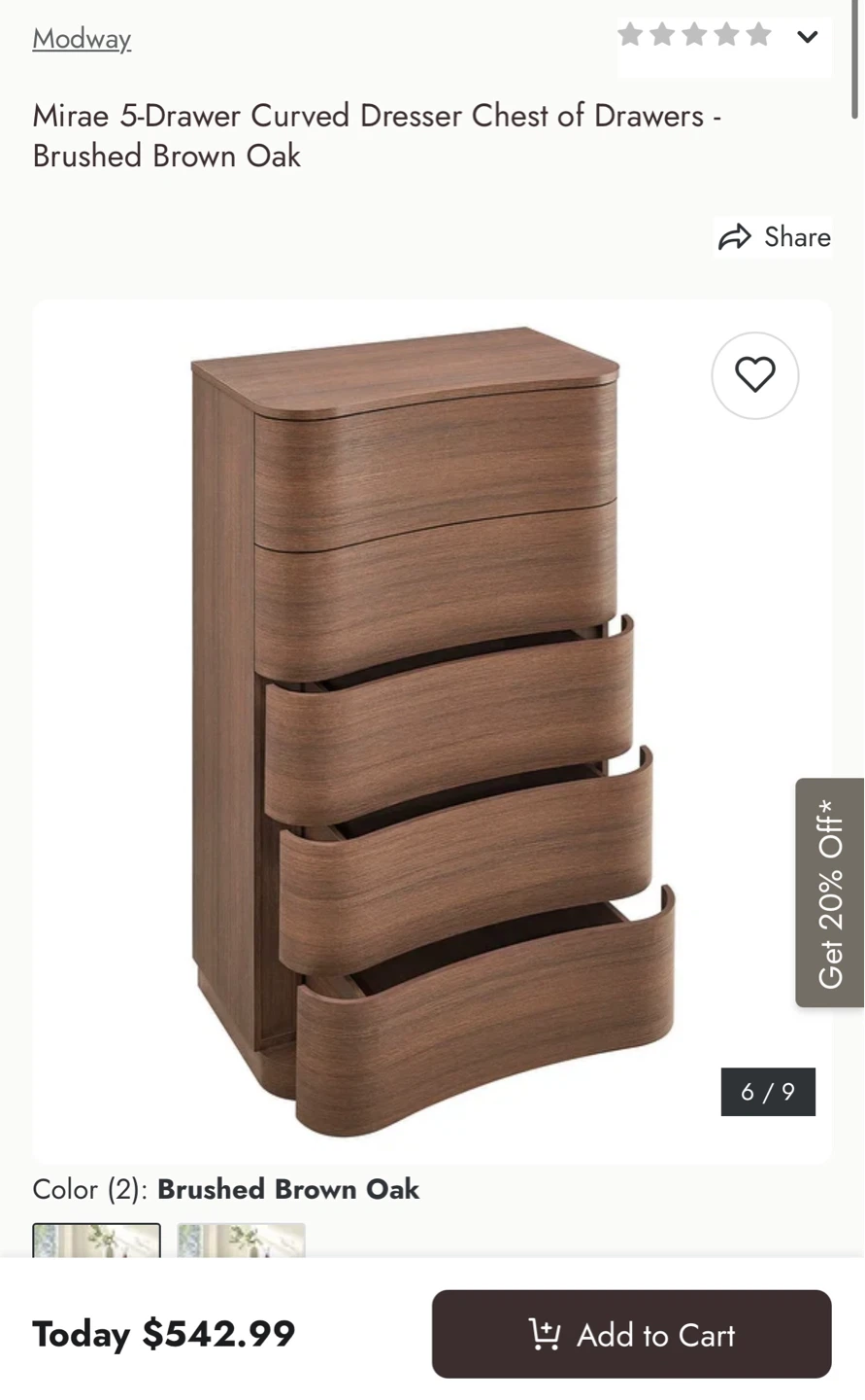 Modway Mirae 5-Drawer Curved Dresser - Brushed Brown Oak - photo 2