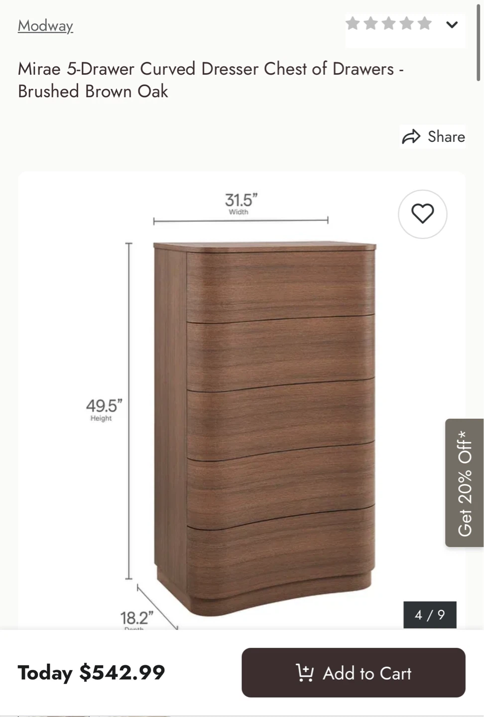 Modway Mirae 5-Drawer Curved Dresser - Brushed Brown Oak - photo 3