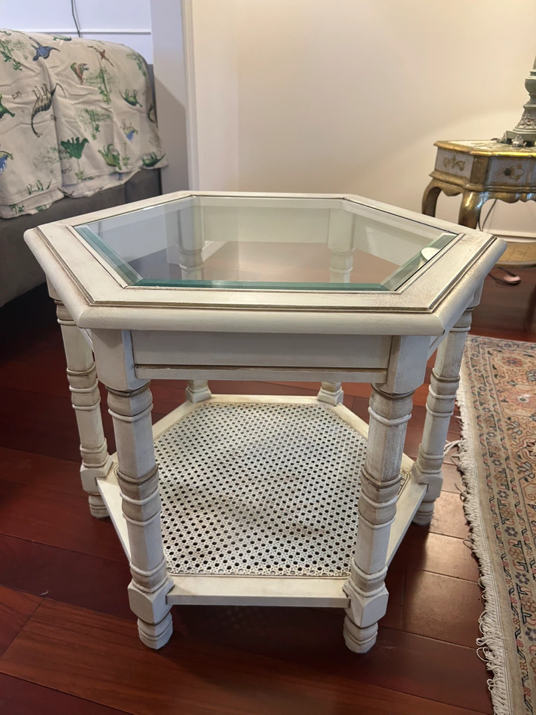 Octagonal Side Table with Glass Top and Cane Shelf