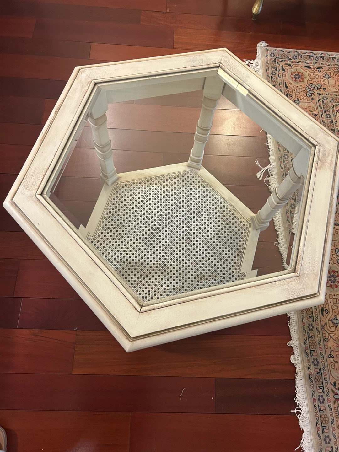 Octagonal Side Table with Glass Top and Cane Shelf - photo 2