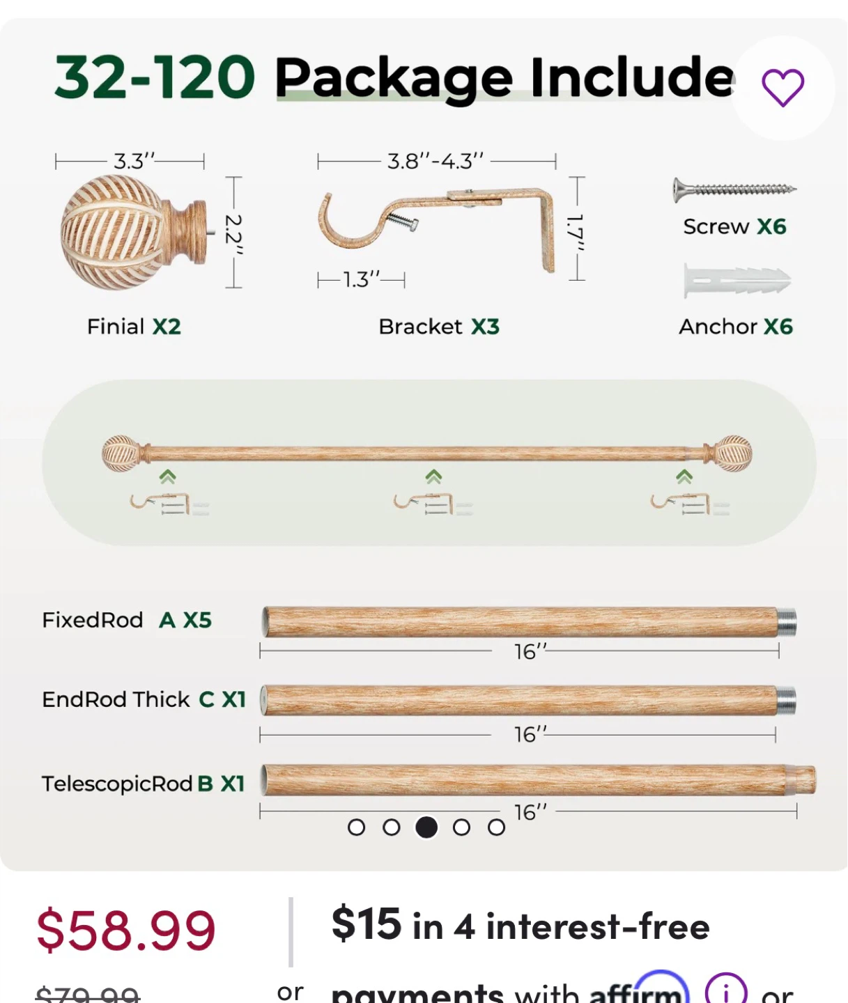 Zeerobee Wood Curtain Rod Set - 32"-120" - Brown