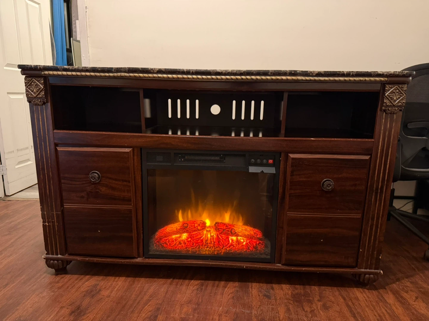 Dark Wood Entertainment Stand with Electric Fireplace