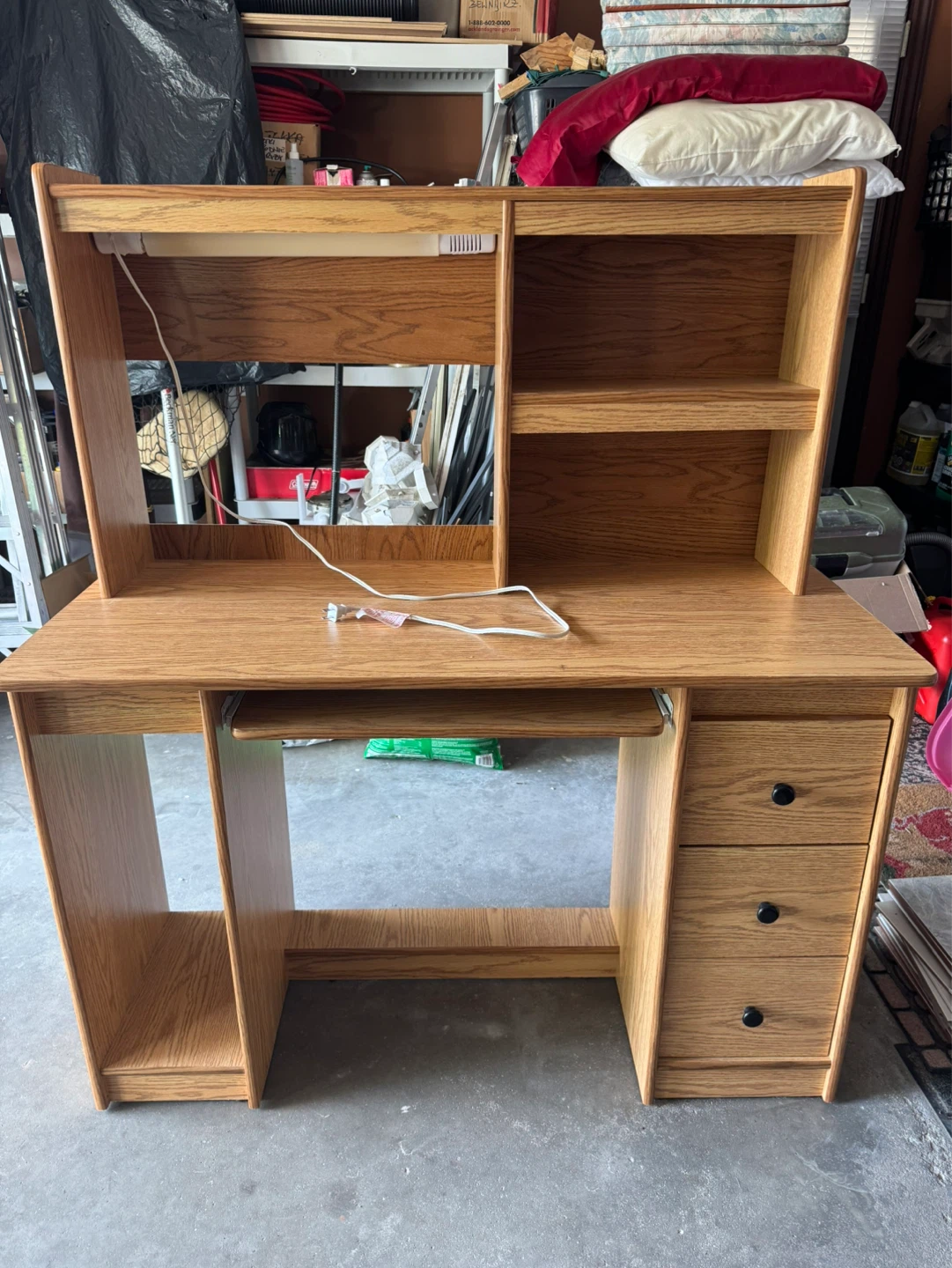 Modern Oak finish computer desk with hutch and light