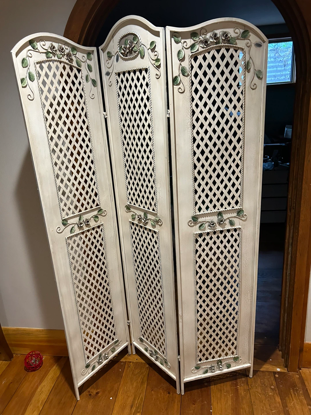 3-Panel Cream Folding Screen with Floral Embellishments