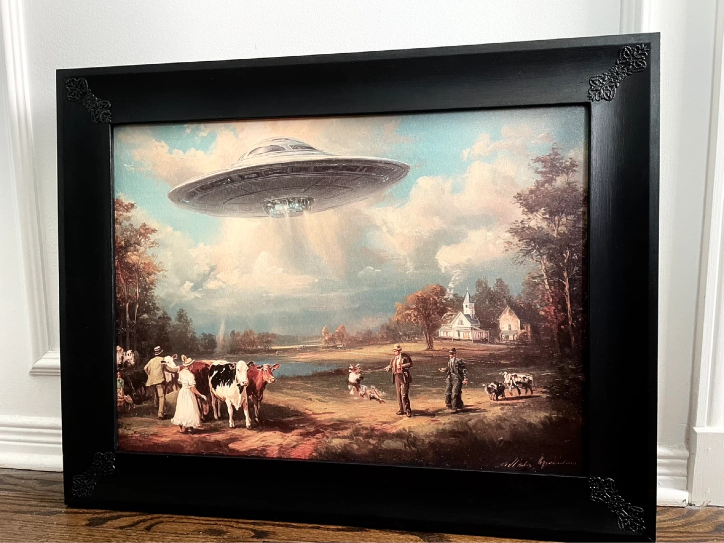Framed Art Print - UFO Abducting Cows