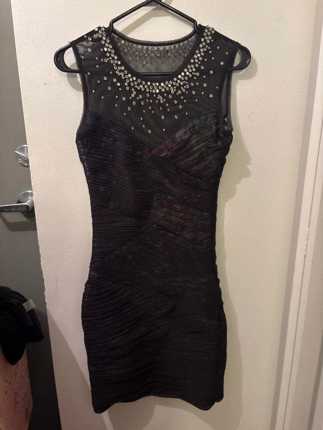 Black Embellished Sheer Neckline Mini Dress