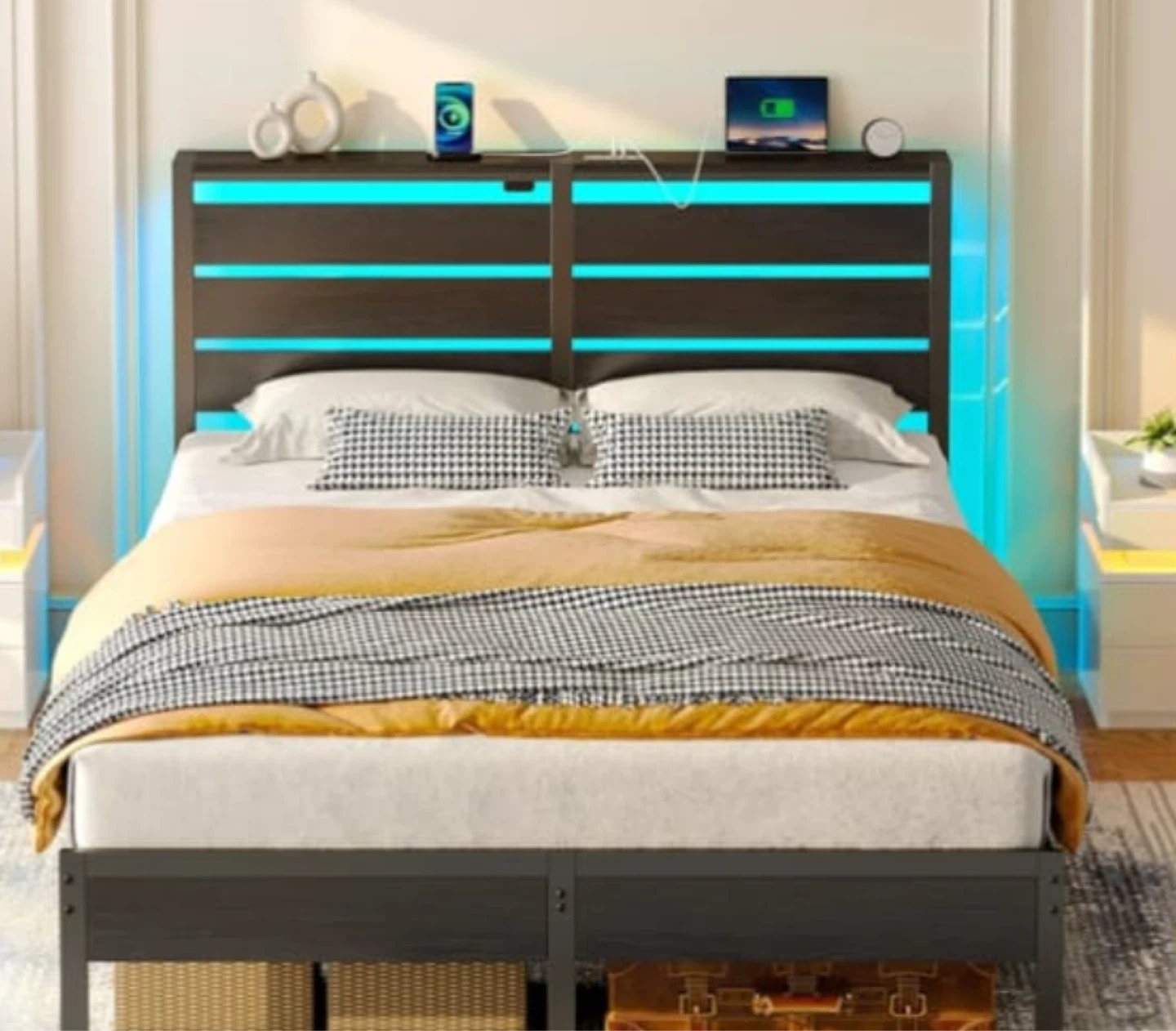 Queen Size Bed Frame with LED Headboard and Charging Station
